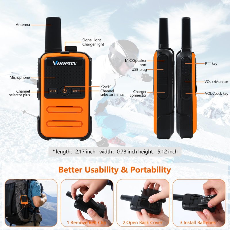 Voopon Rechargeable Mini Walkie Talkies C56TB for Adults Two Way Radios Long Range Compact Transceiver with USB C Charger for Family Hiking Camping Cruising Skiing Shop (2-Pack)