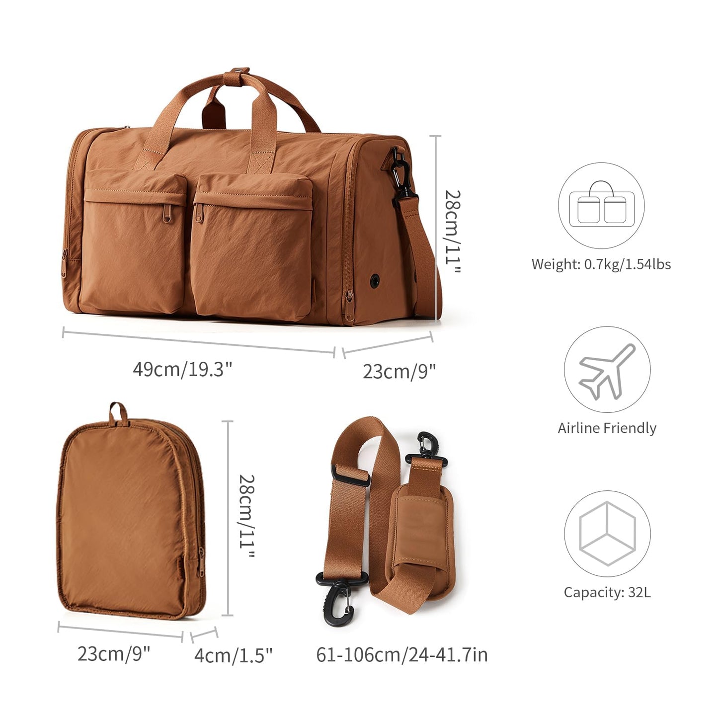 Aji Foldable Gym Bag for Women Men with Shoes Compartment, 3 in 1 Carry on Travel Duffel Bag with Trolley Sleeve, Lightweight&Water Resistant Duffel Bag for Travel, Sports, Fitness&Workout,Warm Brown