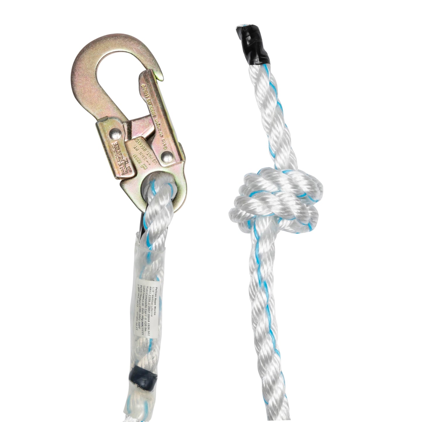 Pelican Rope 5/8" x 75' with Steel Snaphook Ends and Thimble Ends Polyester Composite Vertical Lifeline Rope, Great As Safety Line/Safety Rope for Anchorage Points/Roof Anchoring