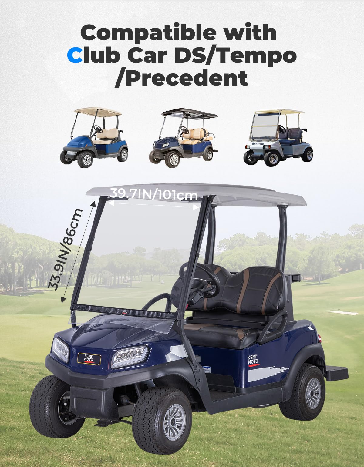 KEMIMOTO Foldable Golf Cart Windshield Compatible with Club Car DS, Tempo, Precedent - Portable, Lightweight, Roll-Up Design with Extra Tinted Half Windshield Included