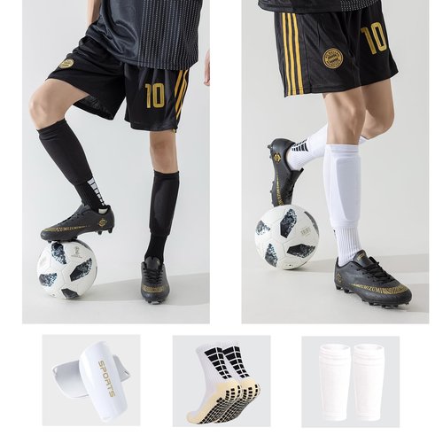Football Socks with Shin Guard for Men, 1 Pairs Mens Grip Soccer Socks and Shin Sleeves with 1 Pairs Shin Guards, Football Game Set, Soccer Equipment Shin Sleeves with Pads for Adults(White)