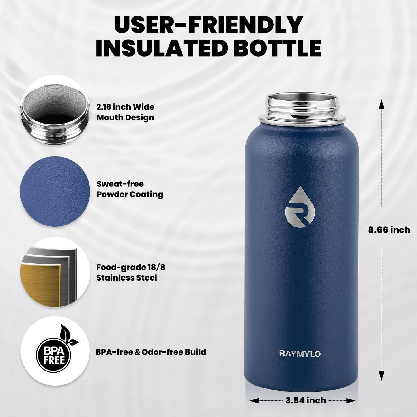 RAYMYLO Insulated Water Bottle 32 oz, Triple Wall Vacuum Stainless Steel