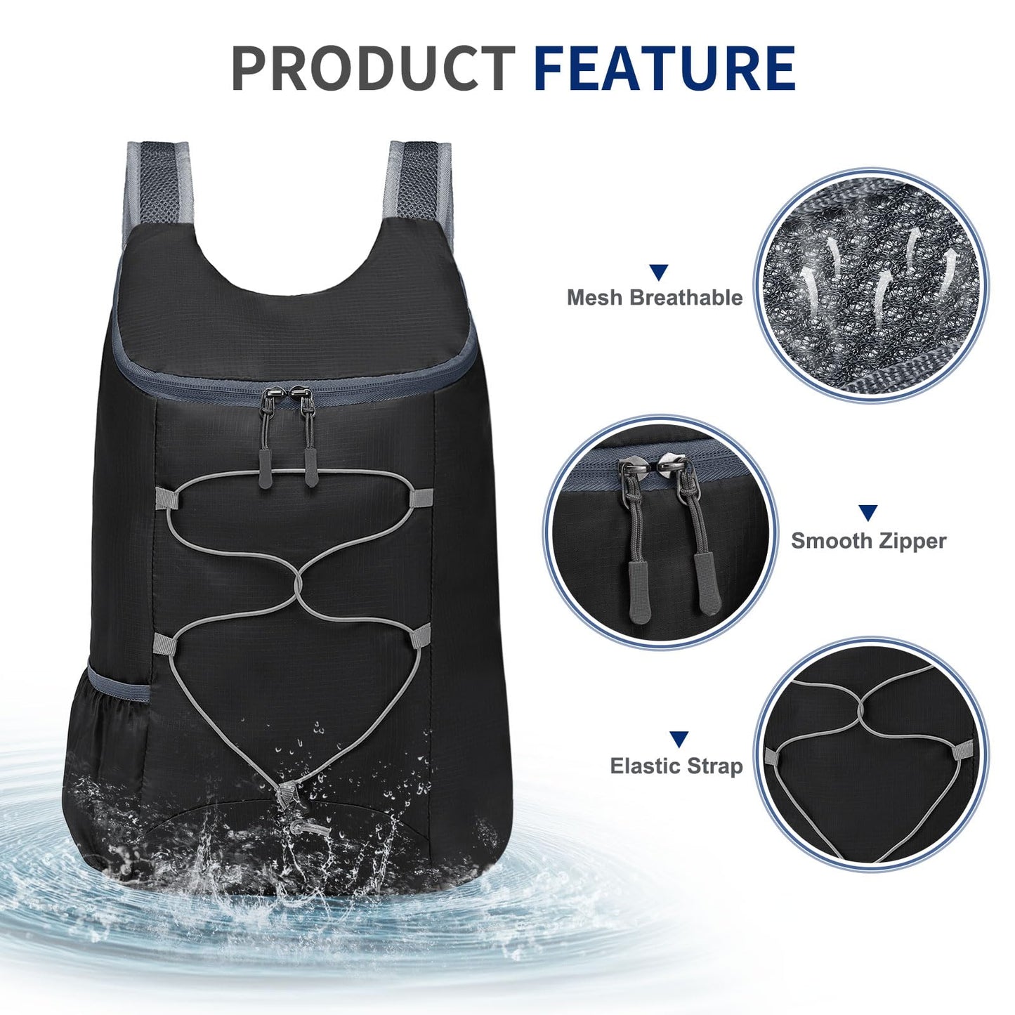 SUIKIHUM 20L Hiking-Daypack Lightweight Foldable Travel Packable Backpack for Camping Cycling Outdoor, Black