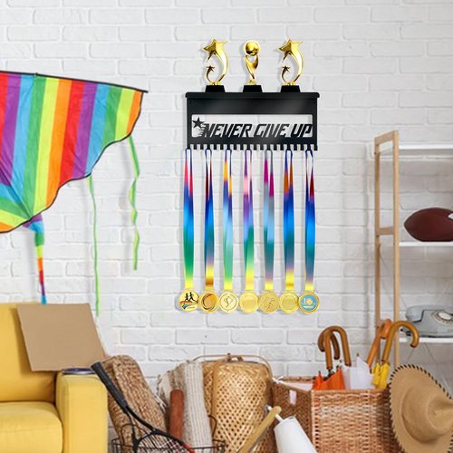 Bnesi Black Metal Medal Holder | Adjustable Trophy Wall Frame - Foldable Organizer for Trophies and Medals