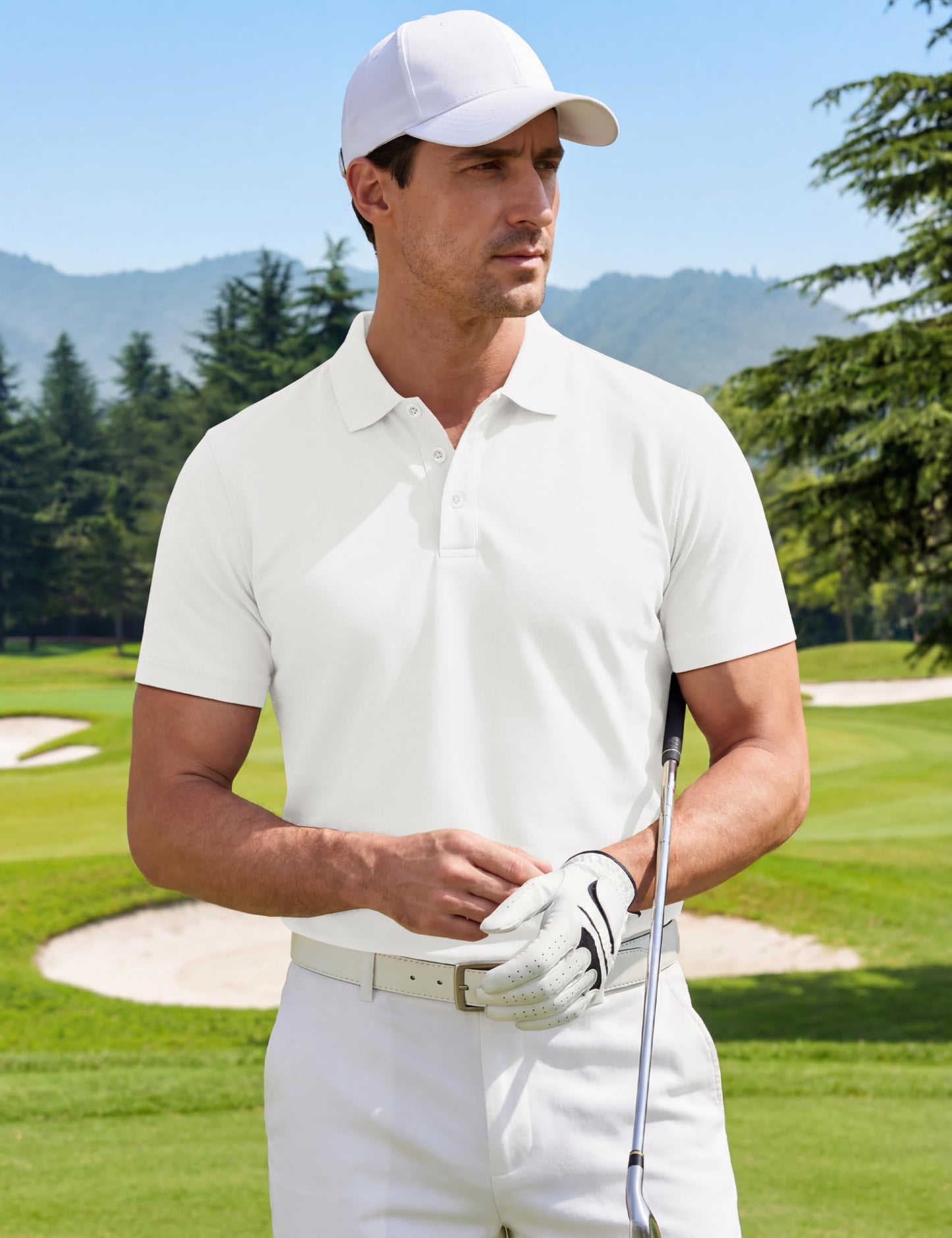 MAGNIVIT Polo Shirts for Men Short Sleeve Cotton Golf T-Shirt Fitted Pique Collared Shirt for Work Business Casual White L