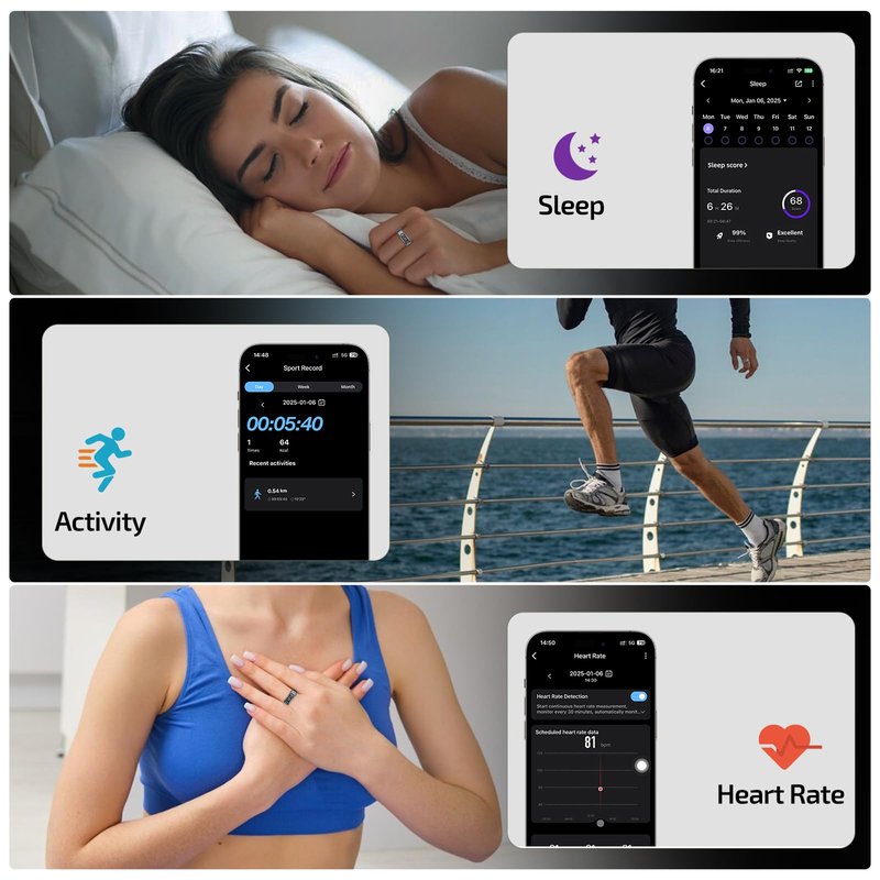 Walpck Smart Ring with LED Display Screen,Sleep&Fitness Tracking Wearable for Women/Men,Accurate Monitoring of Pedometer, Heart Rate,Blood Oxygen (R11, Black, 10)