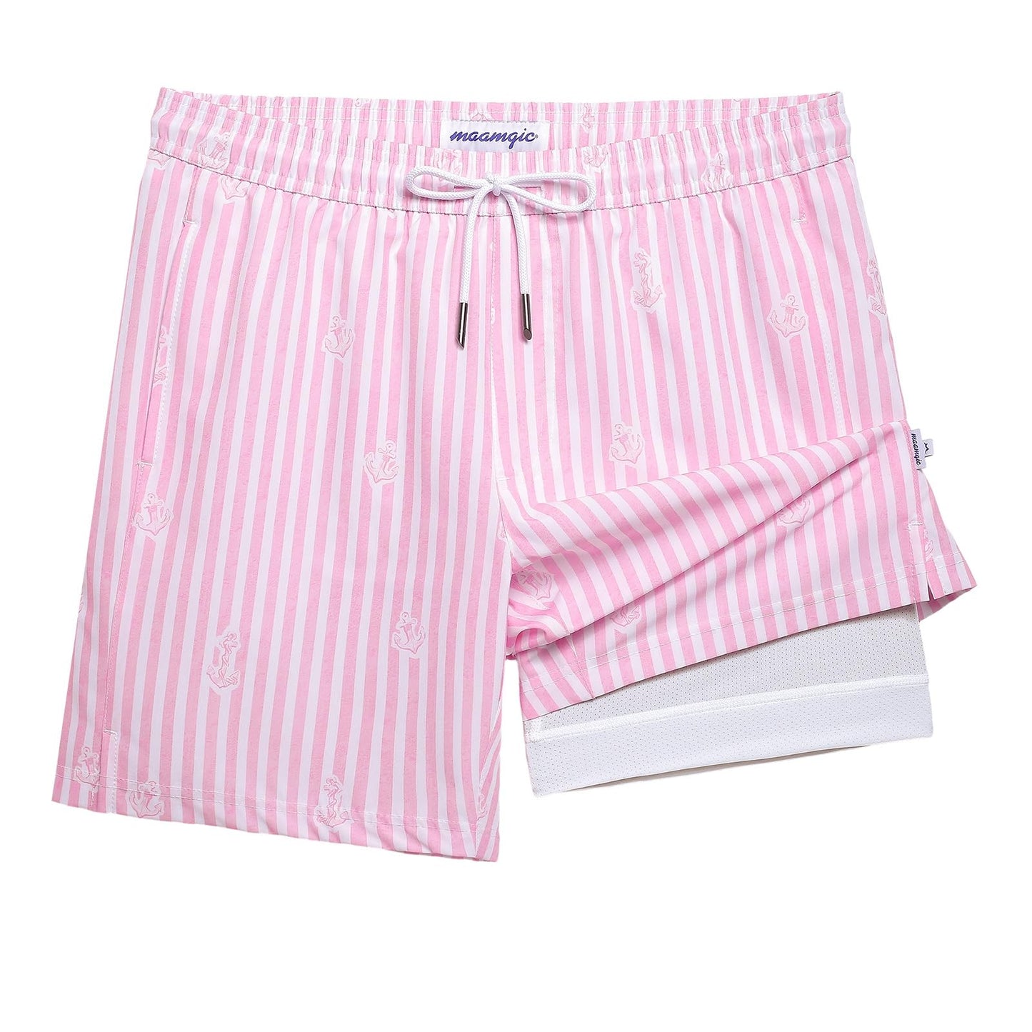 maamgic Mens Swim Trunks with Compression Liner 7 Inch Inseam Mens Bathing Suit Quick Dry Swimming Trunks Swimsuit Stripe Pink and White X-Large