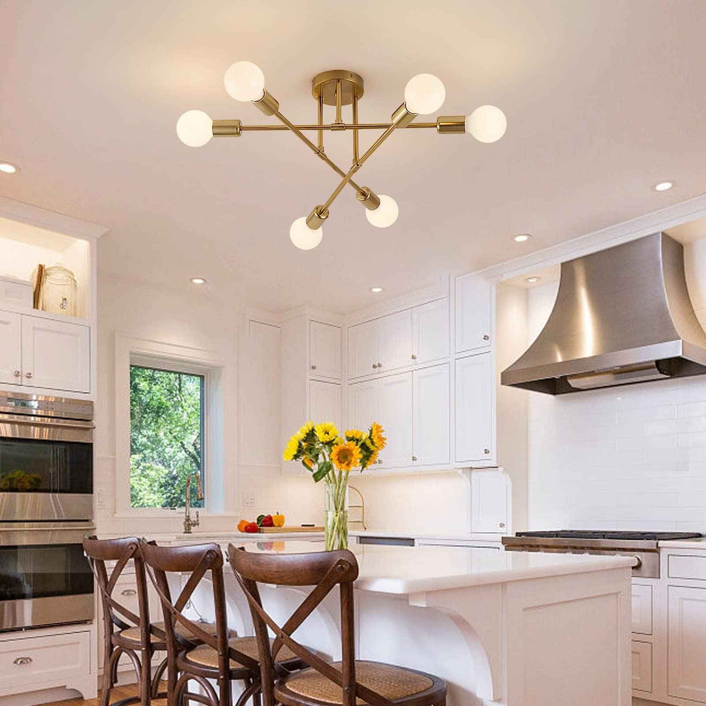 YXTH Semi Flush Mount Ceiling Light Fixture, 6 Lights Modern Sputnik Chandelier Ceiling Lamp with E26 Bulb Base, Light Fixtures Ceiling Mount for Bedroom Kitchen Living Room Hallway (Gold)