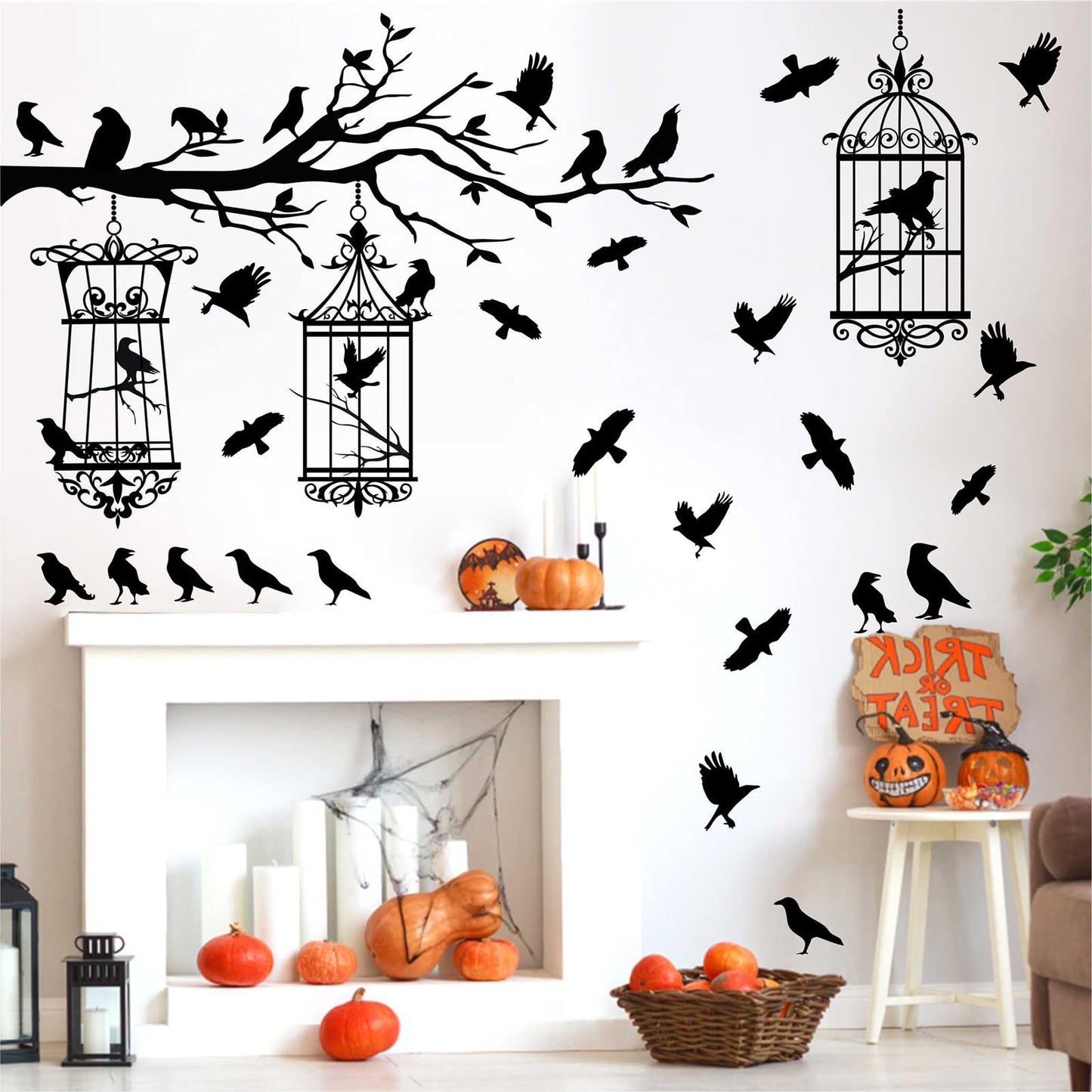 Halloween Tree Branch Wall Decals Crow Black Raven Bird Wall Decals Peel and Stick Birdcage Raven Stickers Removable Black Crows Branches Halloween Wall Stickers for Bedroom Living Room Decor