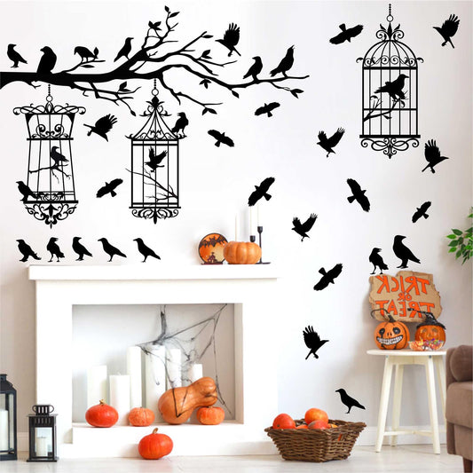 Halloween Tree Branch Wall Decals Crow Black Raven Bird Wall Decals Peel and Stick Birdcage Raven Stickers Removable Black Crows Branches Halloween Wall Stickers for Bedroom Living Room Decor