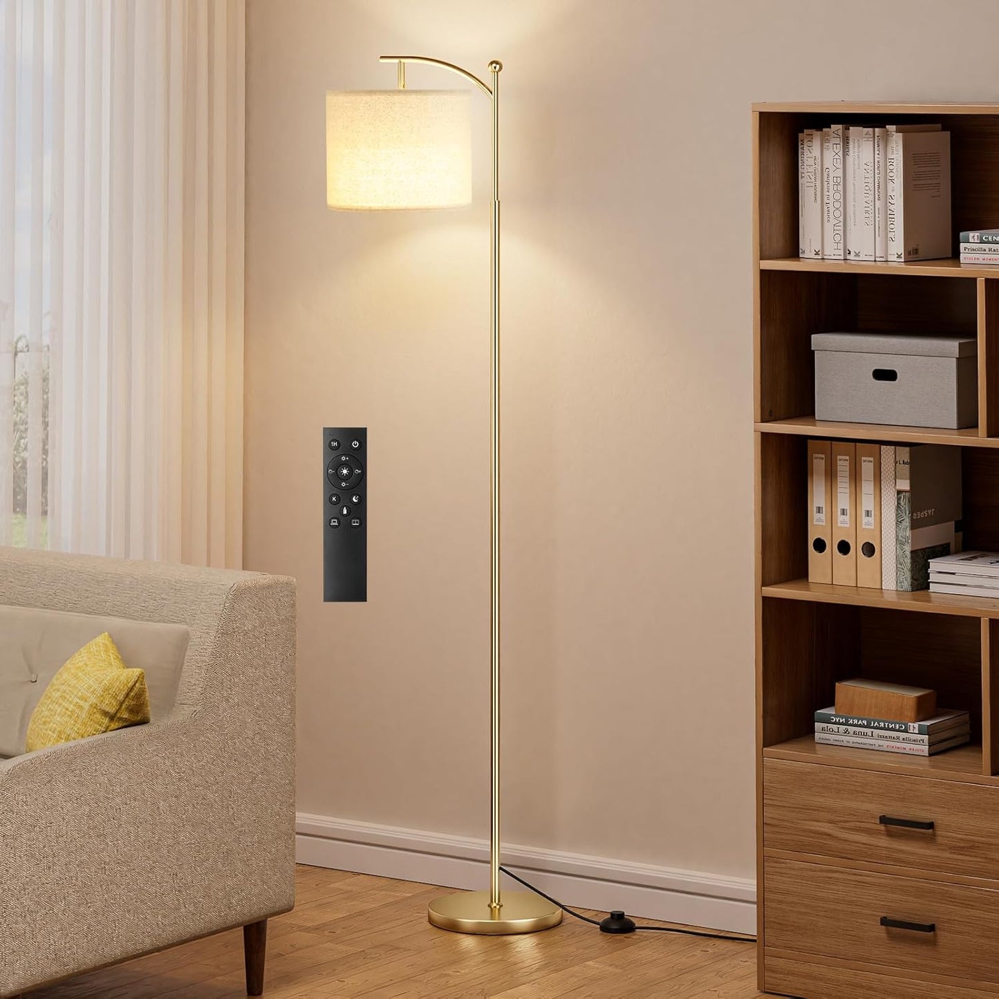 Modern 60" Floor Lamp with Remote Control & Dimmable LED Bulb - Beige Shade, Adjustable Brightness for Living Room