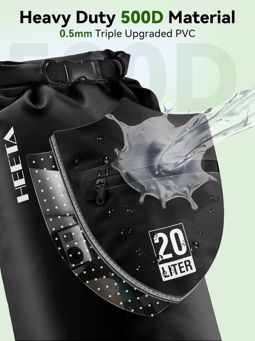 HEETA Waterproof Dry Bag - Lightweight Roll Top Storage with Front Zippered Pocket | 5L/10L/20L/30L/40L for Travel, Kayaking & Hiking