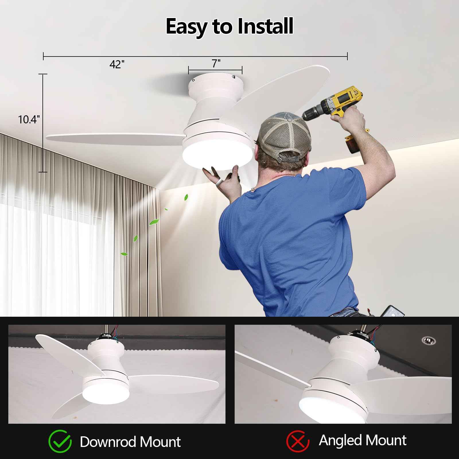 Le Breeze Luxus Flush Mount Ceiling Fans with Lights 42 Inch, 3 Blade LED Low Profile Ceiling Fans with Remote for Bedroom Living Room Patio, Dimmable, 3CCT, Quiet Reversible DC Motor, White