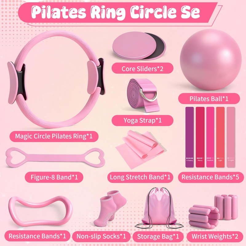 Pilates Equipment Kit for Home Workouts - 18pcs Set- 14'' Pilates Ring and Ball Set for Women, Pilates/Yoga Accessories Kit with Wrist Weights, Resistance Bands, Core Sliders, Yoga Strap, Socks, Bag