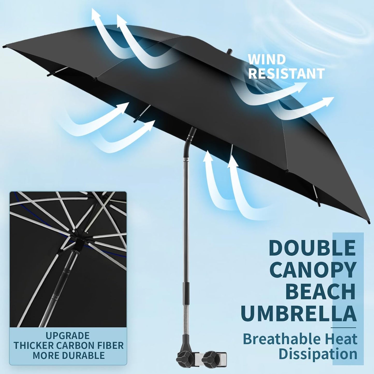 Skiennix 48.6" Double Canopy Umbrella - UPF50+ Portable Beach Chair Umbrella with Clamp & 360° Adjustment | Black
