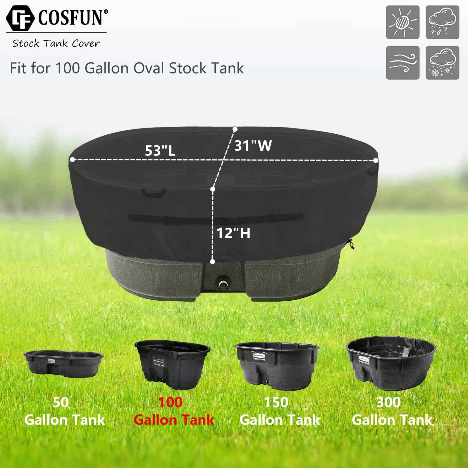COSFUN 100 Gallon Oval Stock Tank Cover,Waterproof Dust Proof Anti-UV Ice Bath Cover,Keep Water Trough Clean,Black