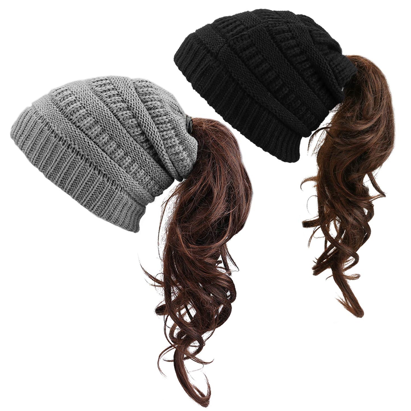 KRATARC Winter Warm Knit Ponytail Hat Beanie Tail Cap for Runner Women Youth Girl (Black & Grey)