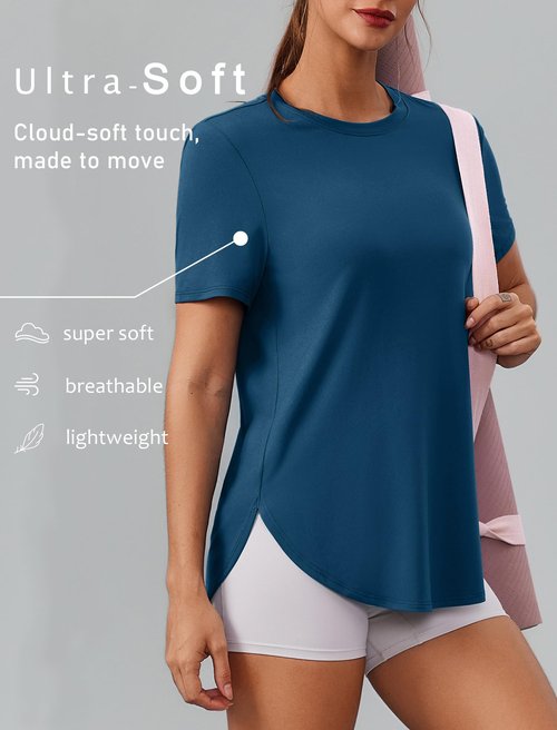 PINSPARK Running Shirts Women Short Sleeve Athletic Shirts UV Protection Quick Dry Workout Tops Lightweight Yoga Top Activewear, Dark Blue Large