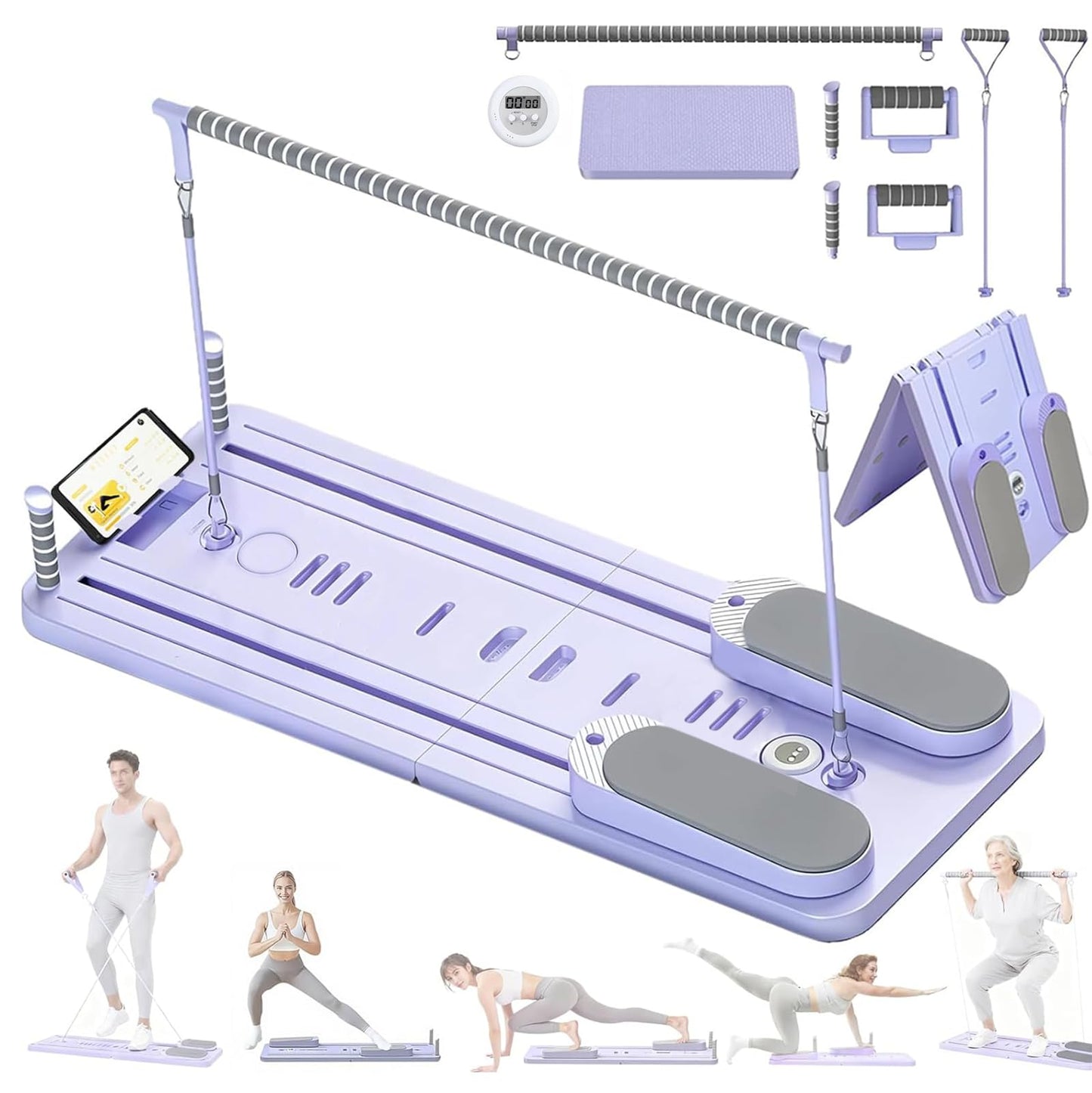 Exhilppy Pilates Board with Phone Holder and Timer, Portable Pilates Reformer, 8-in-1 Multi-Functional Foldable Pilates Reformer Board Set