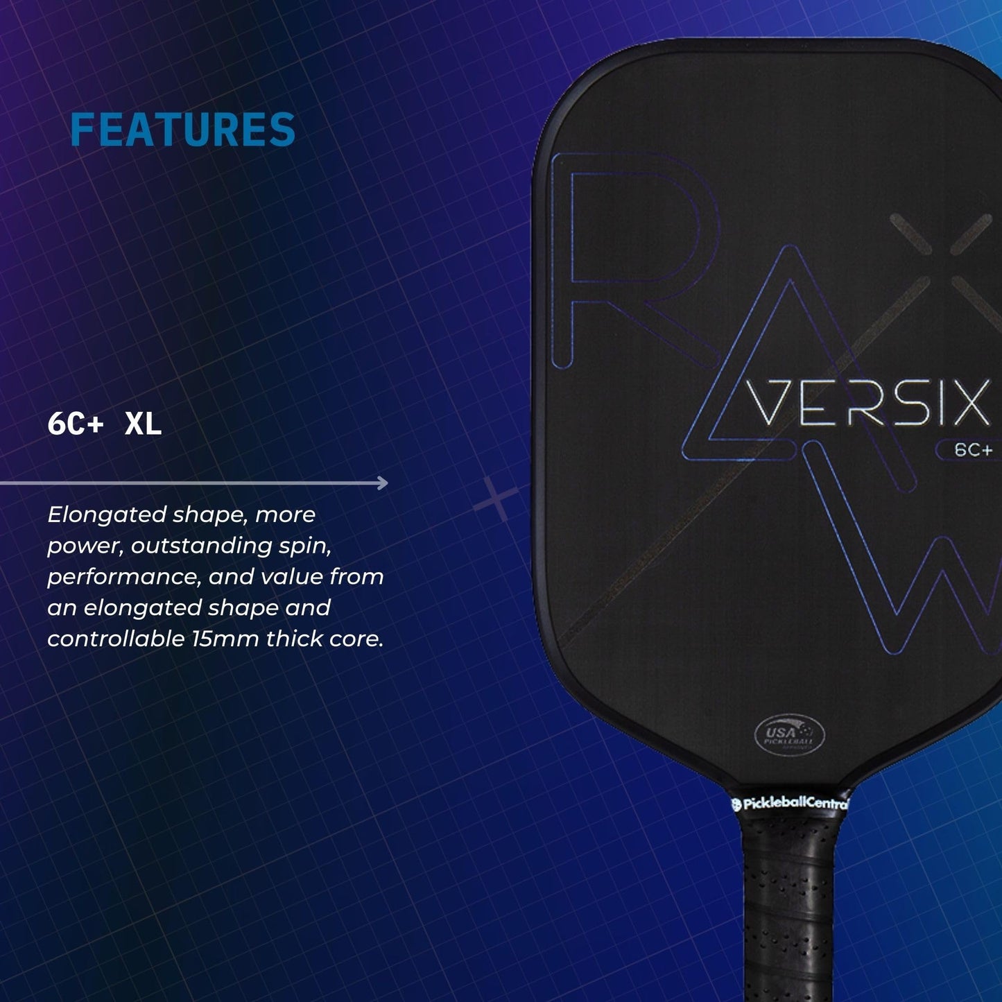 VERSIX RAW Carbon Fiber Pickleball Paddle, Extended 5.75" Handle, Carbon Fiber, 7.9oz (Midweight), 15mm Core…