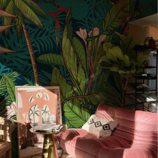 Flortlias Peel and Stick Floral Wall Mural, Leather Textured Vinyl Self-Adhesive Wallpaper for Bedroom Living Room Accent Wall Decor, Urban Tropical Plants, Dark, 92''x125''