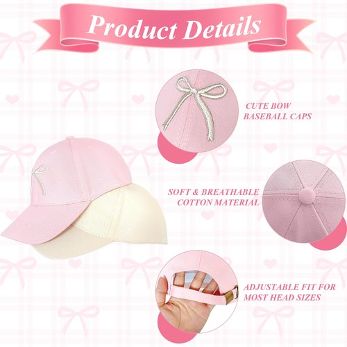 2-Pack Pink & White Bow Hat - Cute Embroidered Bow-tie Baseball Cap for Women Girls, Adjustable Cotton Coquette-Style Dad Hat for Sun Travel Sports Summer
