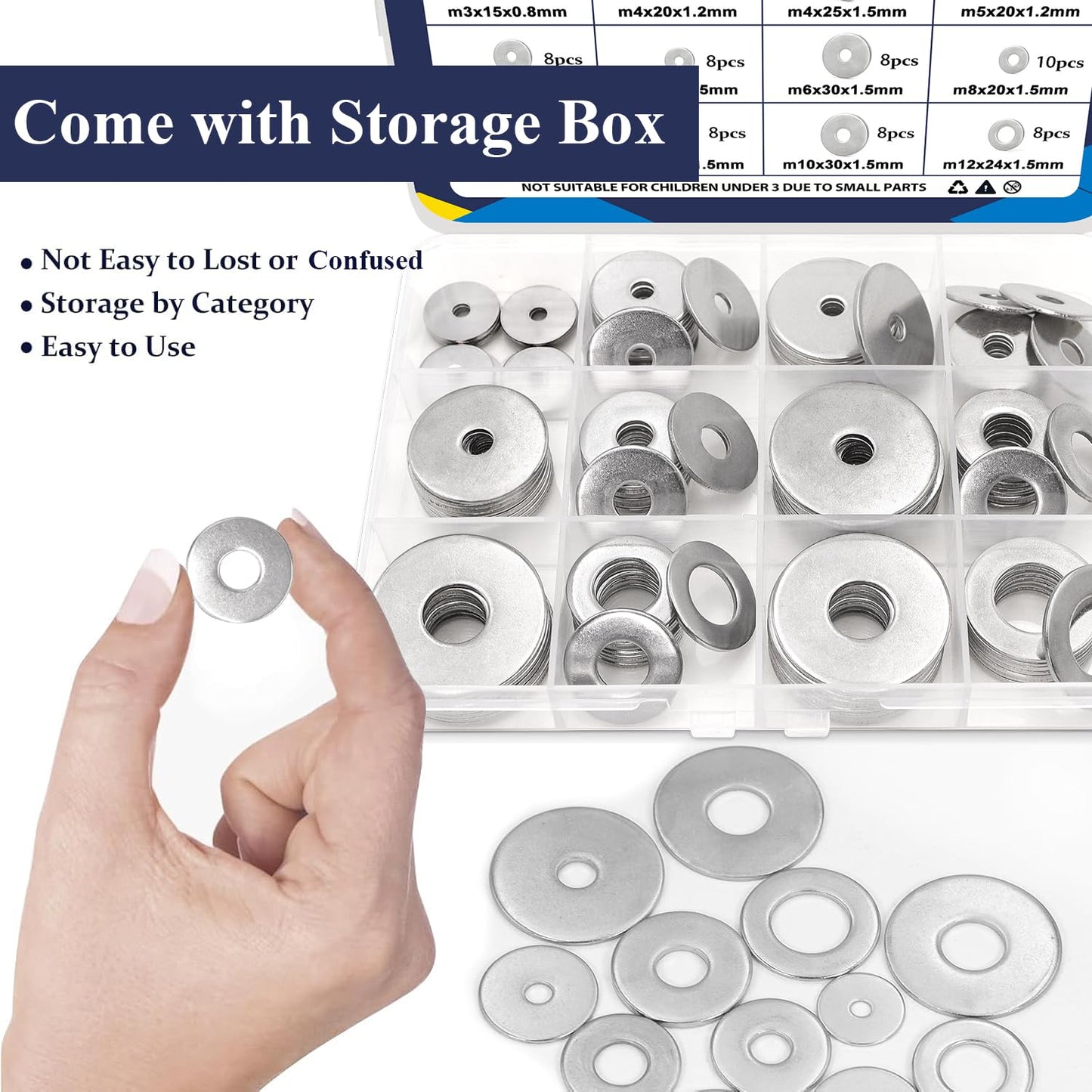 ZQZ 108Pcs Flat Washers, 304 Stainless Steel Fender Washers Assortment, 12 Different Sizes Wide Washer M3 M4 M5 M6 M8 M10 M12 Assorted Flatwashers Kit