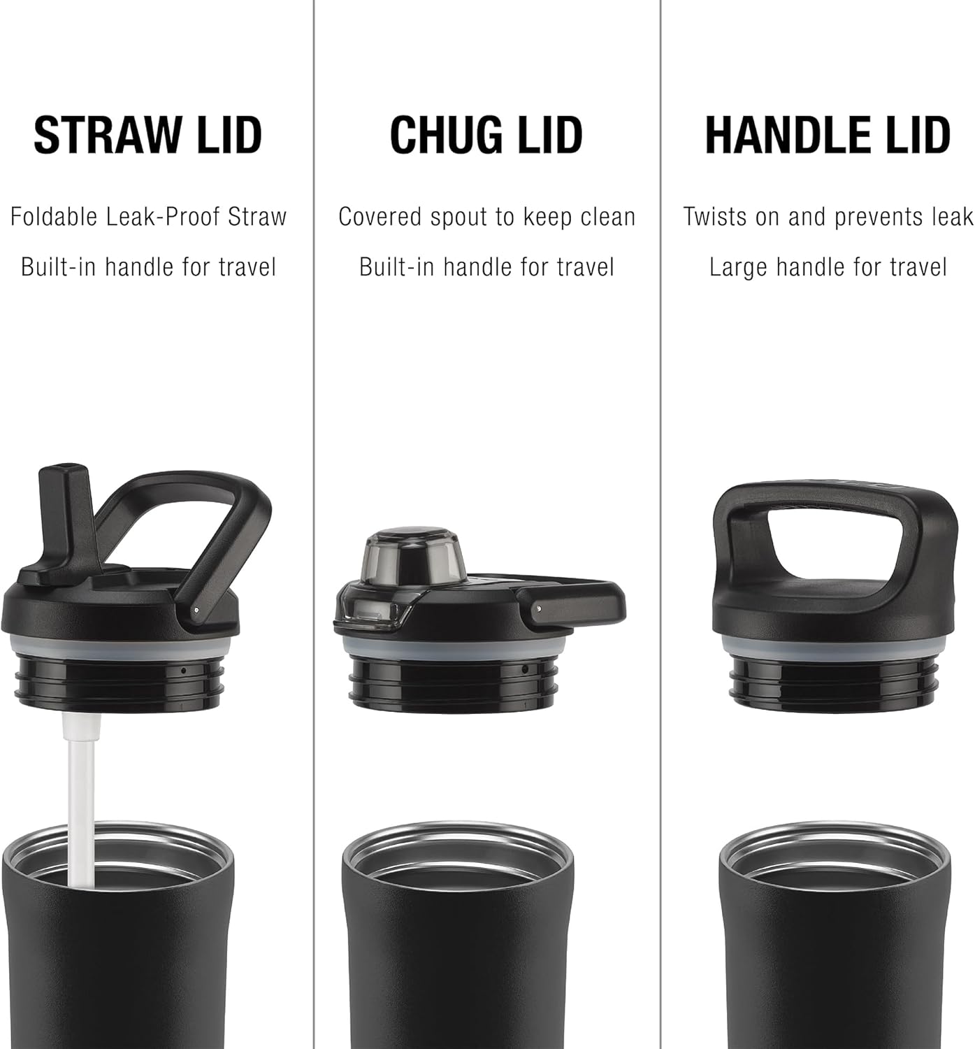 ZULU 32oz Stainless Steel Water Bottle - Double Walled, Vacuum Insulated | 3 Lids Included, Black