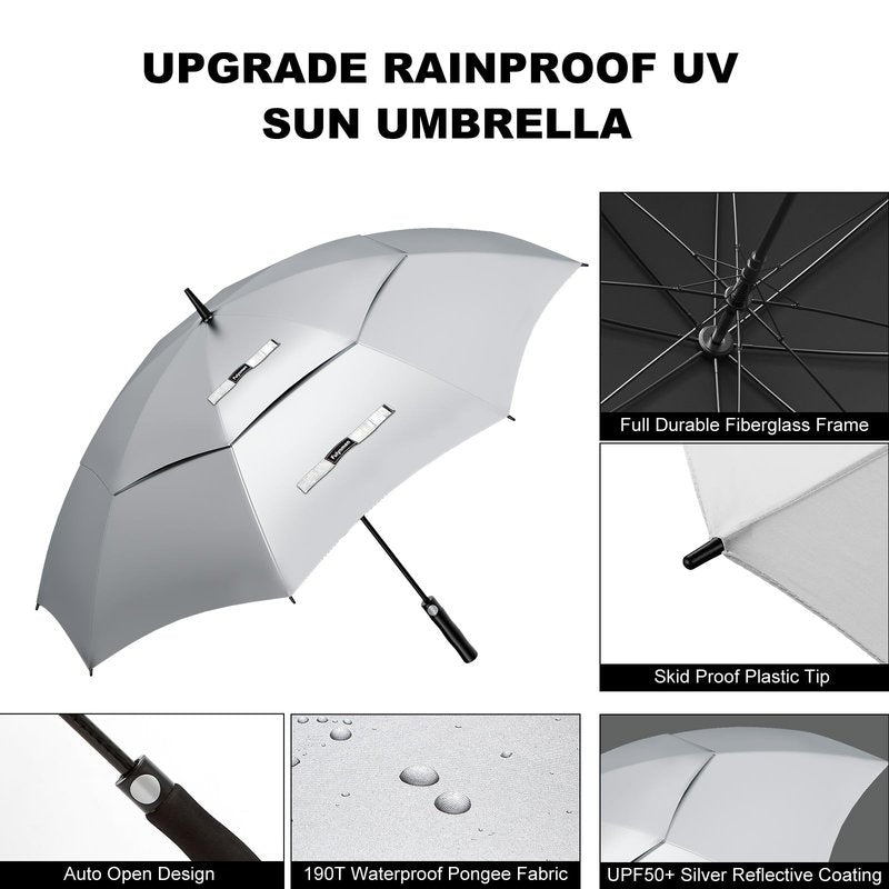 Fulynmen 68/62/54 Inch UPF50+ Sun Umbrella UV Protection UV Umbrellas for Sun Protections Windproof Large Golf Umbrella Auto Open and Vented Double Canopy Umbrellas for Rain (Silver/Black, 62 Inches)