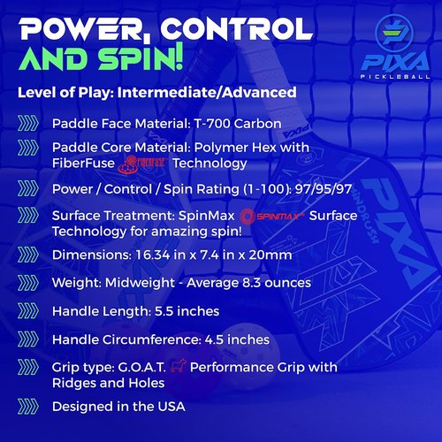 PIXA Mindrush T-700 Carbon Fiber 20mm Pickleball Paddle, Intermediate Racket/Advanced Racquet Super Long Handle 5.5 Inches: High Grit/Surface Friction/Great Gift!