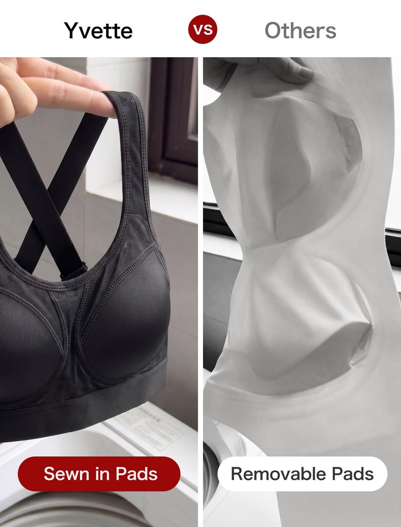 Yvette Supportive Sports Bra Adjustable Straps Plus Size Workout Running High Impact Sports Bras for Women Sewn in Pads,Black,M+