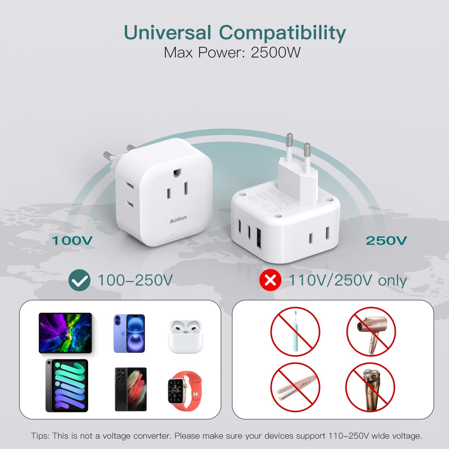 2 Pack European Travel Plug Adapter, US to Europe Plug Adapter with 3 Outlets 3 USB Charging Ports(2 USB C), Type C Adapter Travel Essentials to Most Europe EU Spain Italy France Germany Iceland
