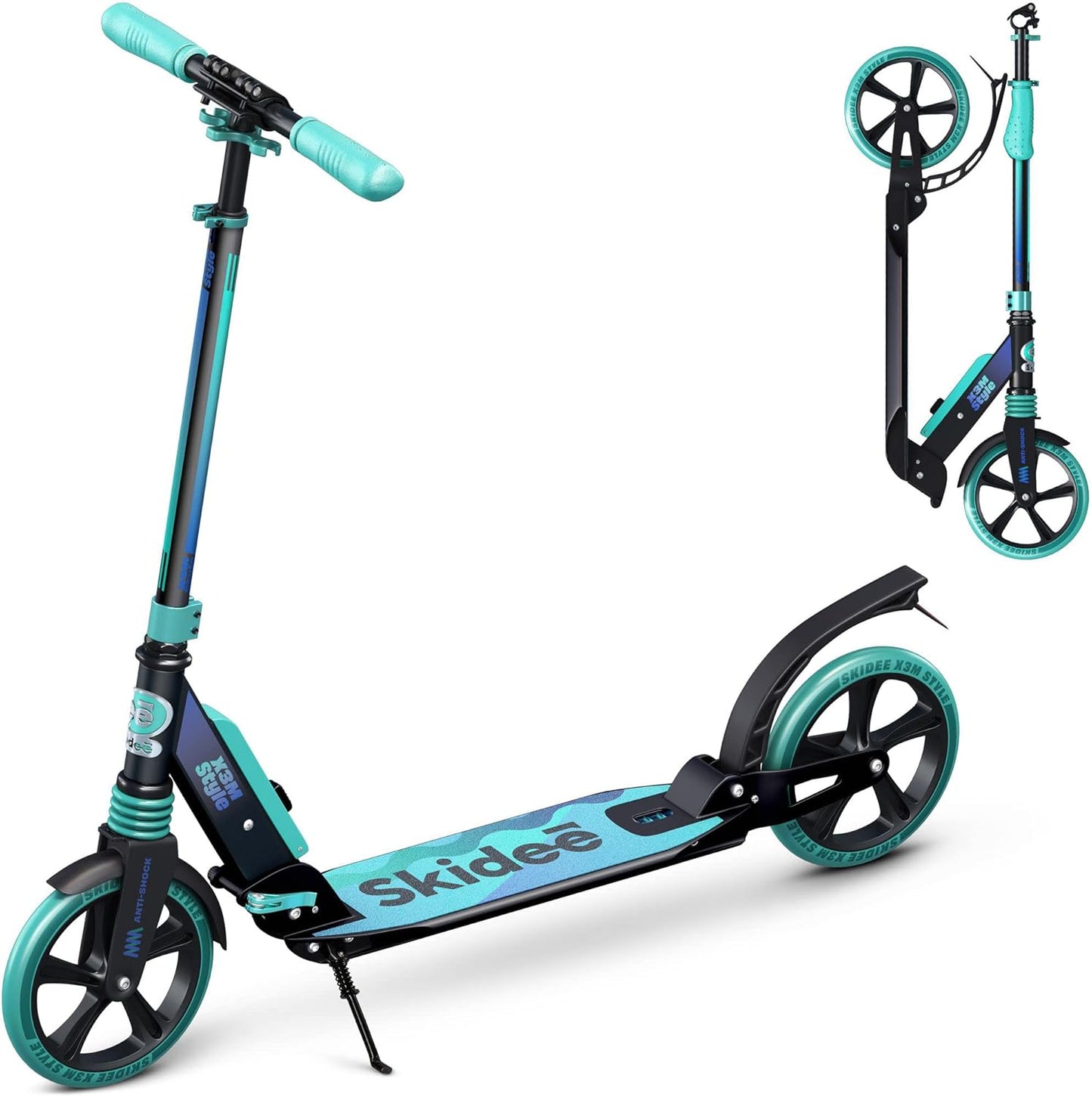 Skidee Adult & Teen Scooter - Adjustable Height, Lightweight & Durable Design | Large Wheels, Anti-Shock Suspension, 220 lbs Capacity