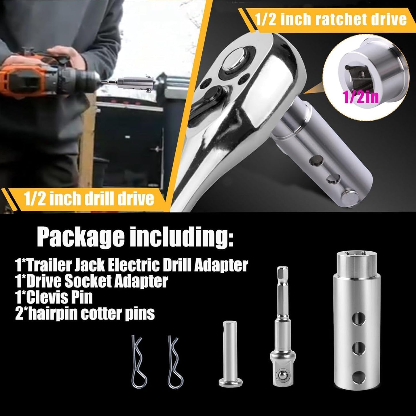 Skiennix Trailer Jack Drill Adapter - Stainless Steel Handle for 1 Inch Jack Drive Shaft | Cordless Drill Socket Attachment