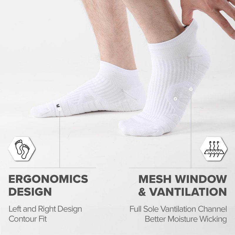 Running Socks Men Women, Cushion Padded Anti-Blister, Coolmax Moisture Wicking Cooling, Targeted Compression, Ankle Low Cut No Show Walking Hiking Tennis Golf Gym Athletic Socks (Medium, White)