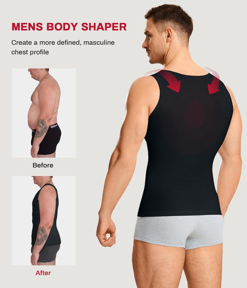 Nebility Shapewear Mens Compression Shirt - Slimming Body Shaper Tummy Control Shapewear Vest Workout Tank Tops Undershirts (Black, Large)