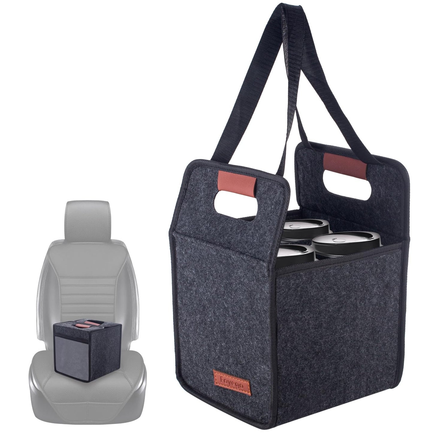 Foyego Drink Carrier Bag, 4 Cup Drink Caddy, Dark Gray