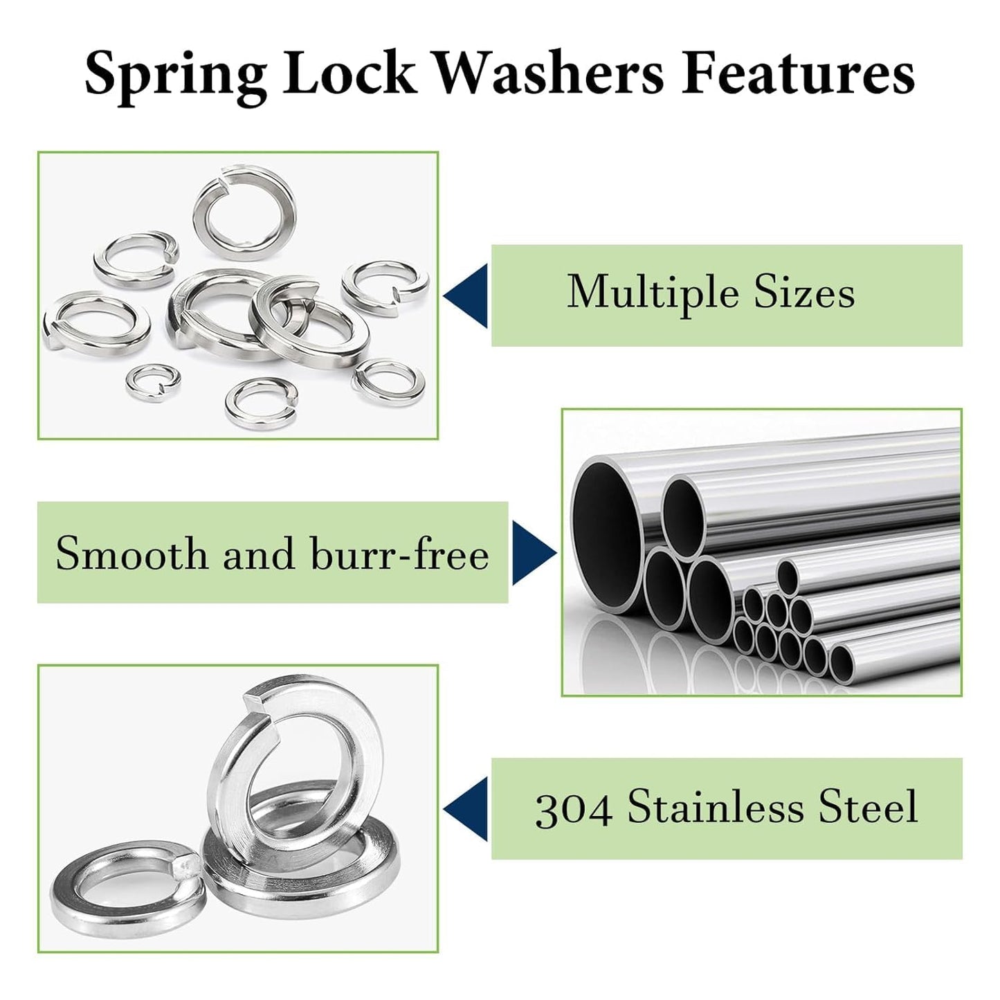 Vifmy SAE Spring Lock Washers Assortment Kit(910 Pack), #4#6#8#10#12 1/4" 5/16" 3/8" 1/2" SAE Split Lock Washer Set, 304 Stainless Steel Lock Washers for Screws Bolts