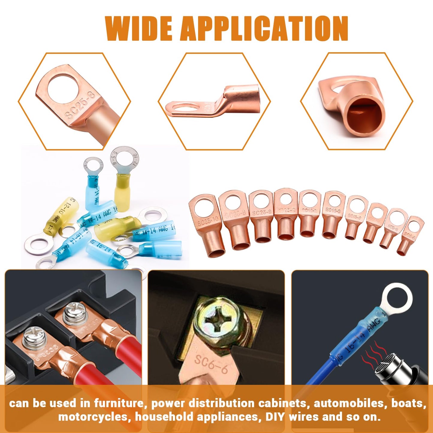 mankk 110PCS Copper Wire Lugs AWG 2 4 6 8 10 12 14 16 Gauge Battery Terminal Connectors Battery Cable Ends Connectors Copper Ring Terminal Kit with Heat Shrink M-167-110PCS-tbz