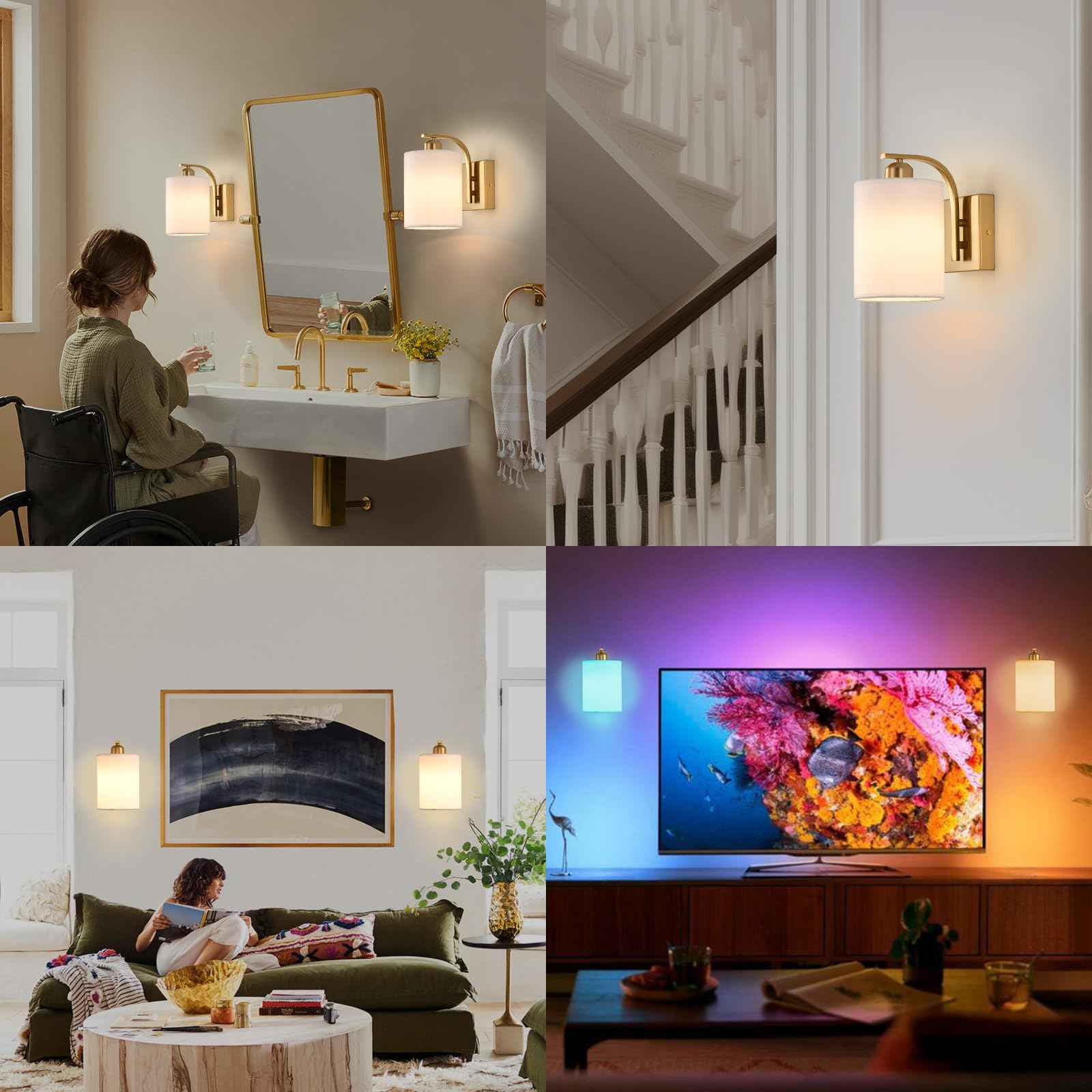Battery Operated Wall Sconce Set of 2,Gold Rechargeable Wall Lights with Remote Control,15 Colours Wireless Wall Sconce with 3000mAh Dimmable Detachable Bulb for Bedroom, Living Room and Hallway