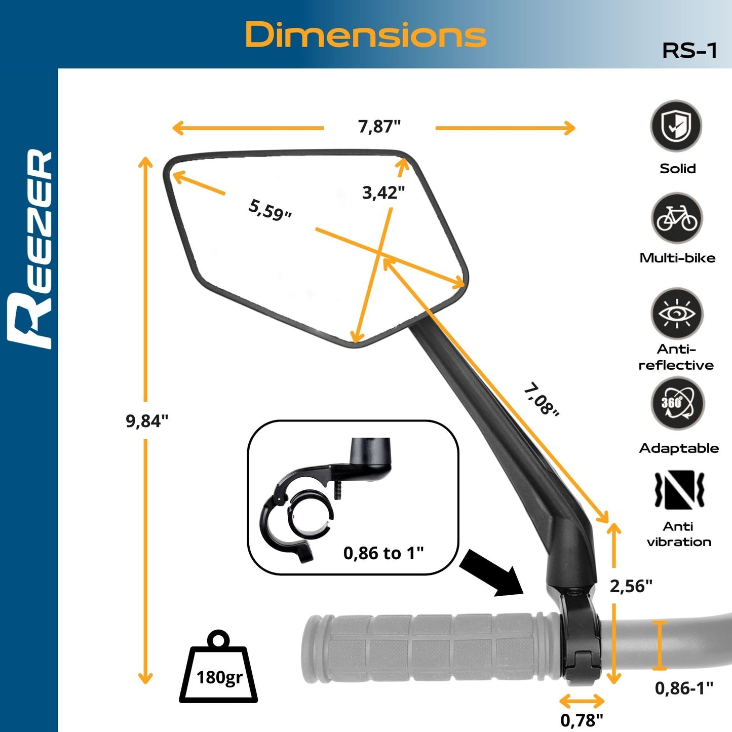 REEZER RS1 - Handlebar Bike mirror, 360° rotatable & foldable, large field of vision, Bicycle rearview mirrors, 0,86" to 1", Reflective - LEFT