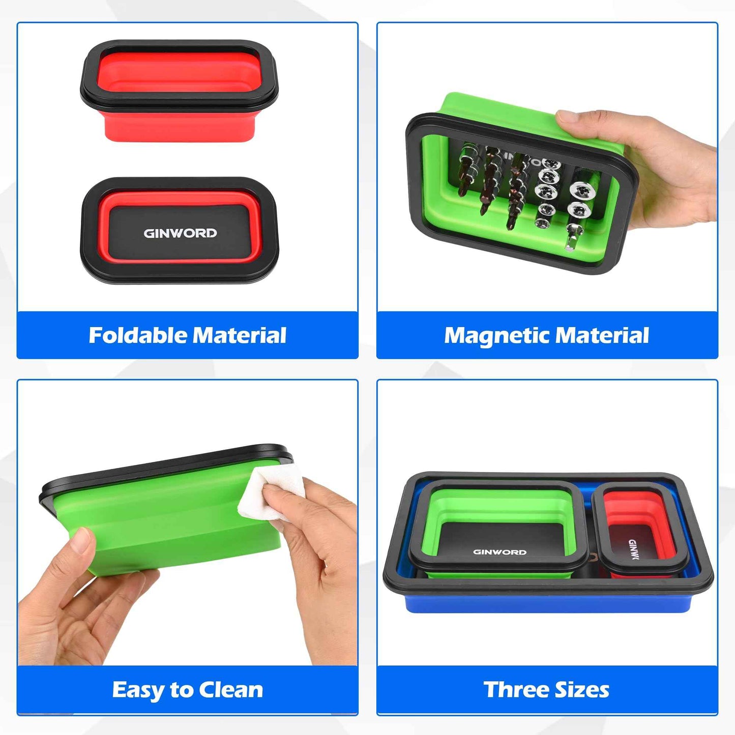 GINWORD 3Pcs Foldable Magnetic Partsn Trays Set with 3LBS Magnetic Pick-up Tool, 3 Size Silicone Magnetic Tool for Organizing Screws, Bolts, Nuts, Washers, Pins, and Other Small Metal Parts