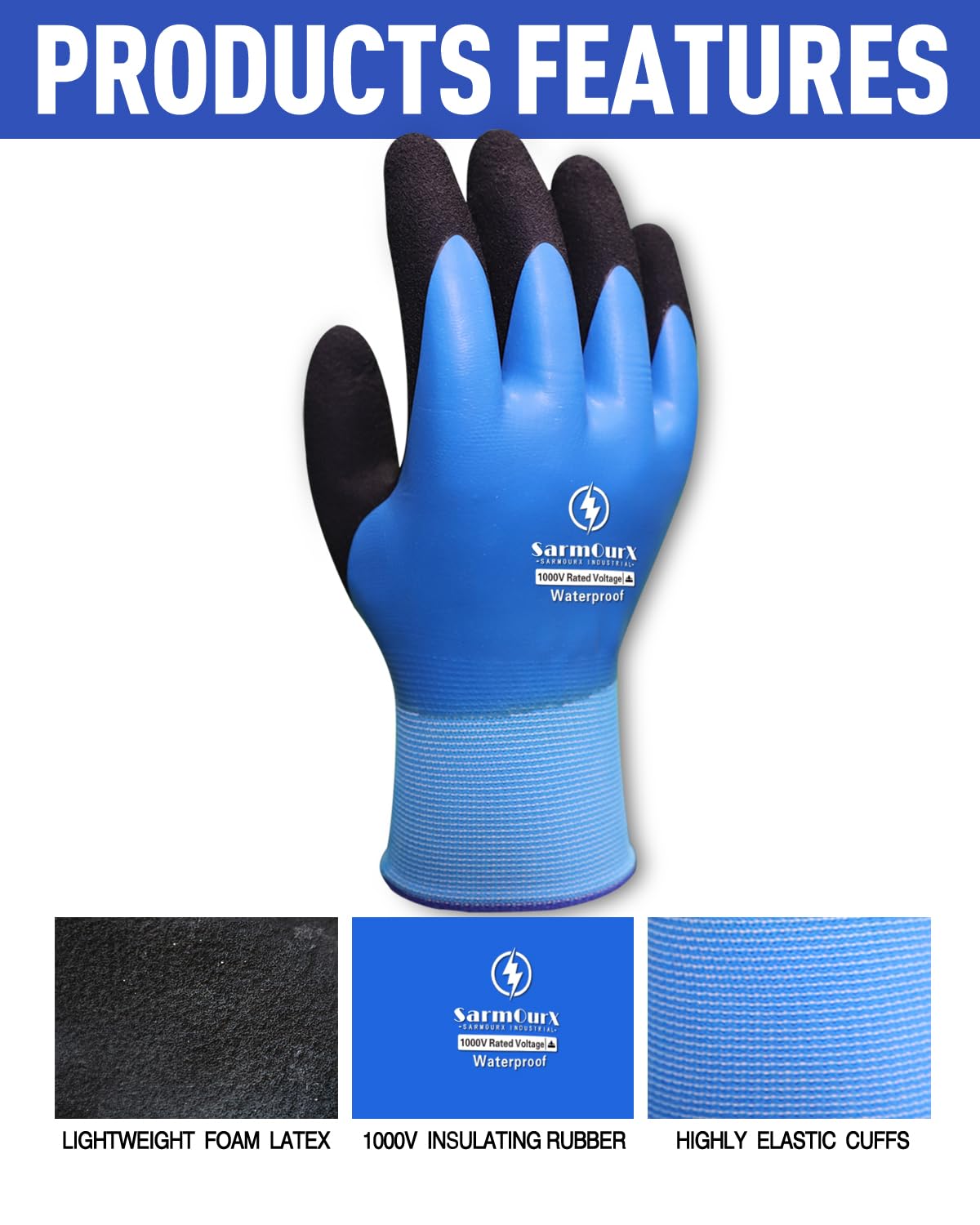 Electrician Insulated Gloves 1000V High Voltage, Waterproof for Palm Rubber Non-Slip Electrical Gloves (Blue, 1Pair-1000V)