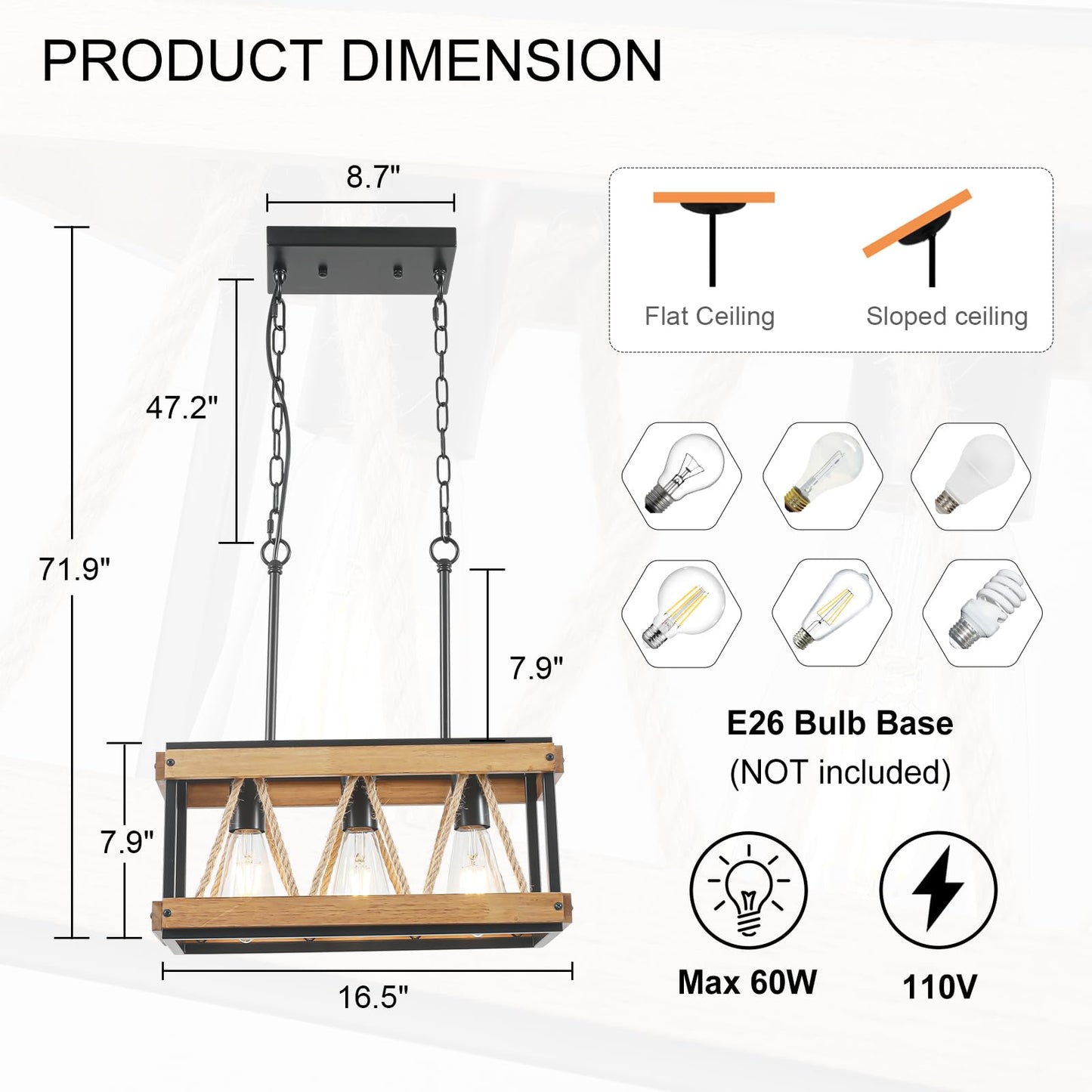 YongMing CL Farmhouse Light Fixtures, 3-Light Adjustable Kitchen Chandeliers Over Table, Vintage Pendant Lighting for Kitchen Island, Rustic Hanging Lights for Entryway Foyer Bathroom Dining Room