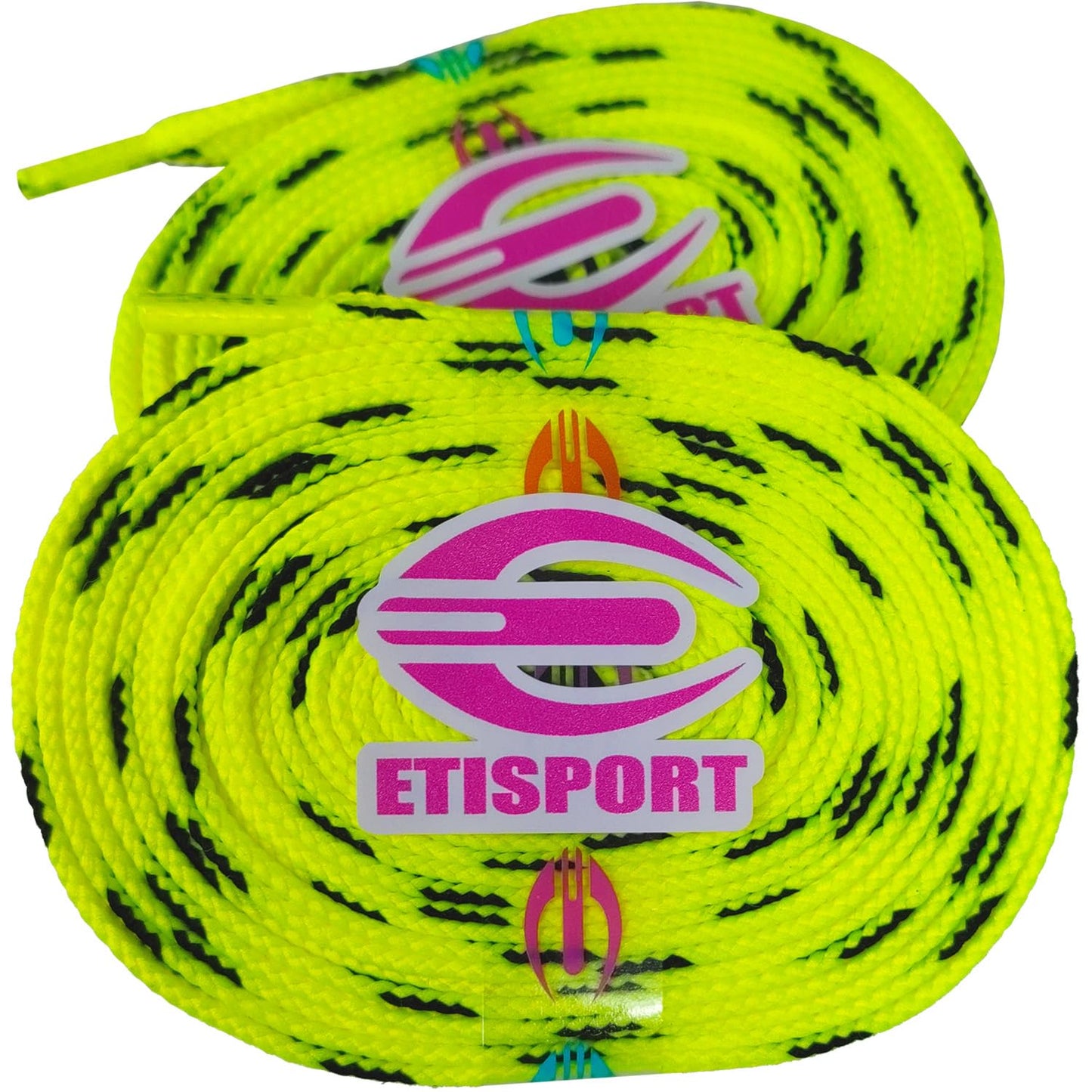 ETISPORT Pair of professional flat laces, for hockey, ice boots, line on wheels. Resistant. Length 3 m - 118in each. (Neon Yellow)