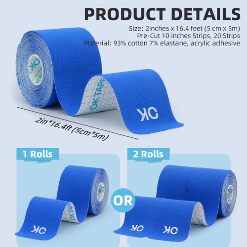OK TAPE Kinesiology Tape 10 inches Precut, 20 Strips, Cotton Elastic Athletic Tape Latex Free, 2inch x 16ft, 2 Rolls Beige