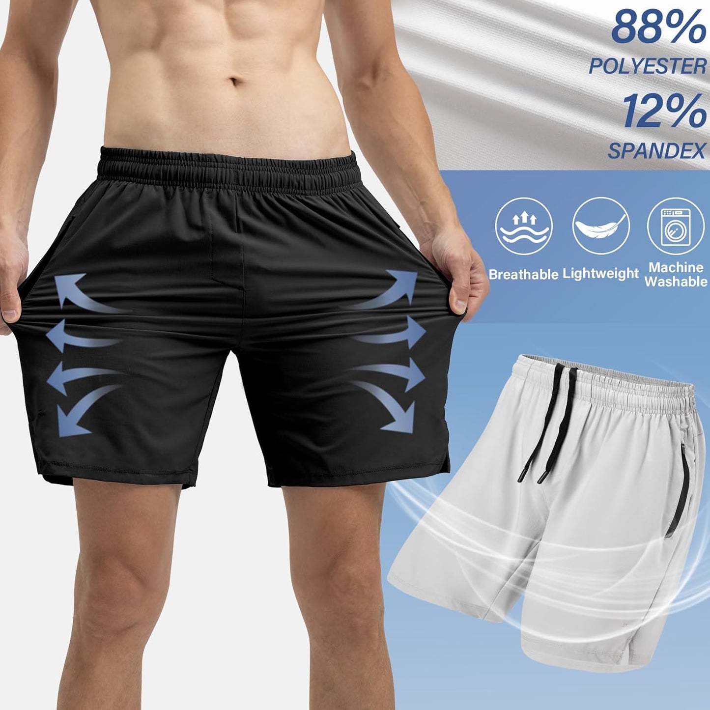 Skiennix Men's Athletic Running Shorts - Quick Dry Gym Workout | 3-Pack with Zipper Pockets & Drawstring