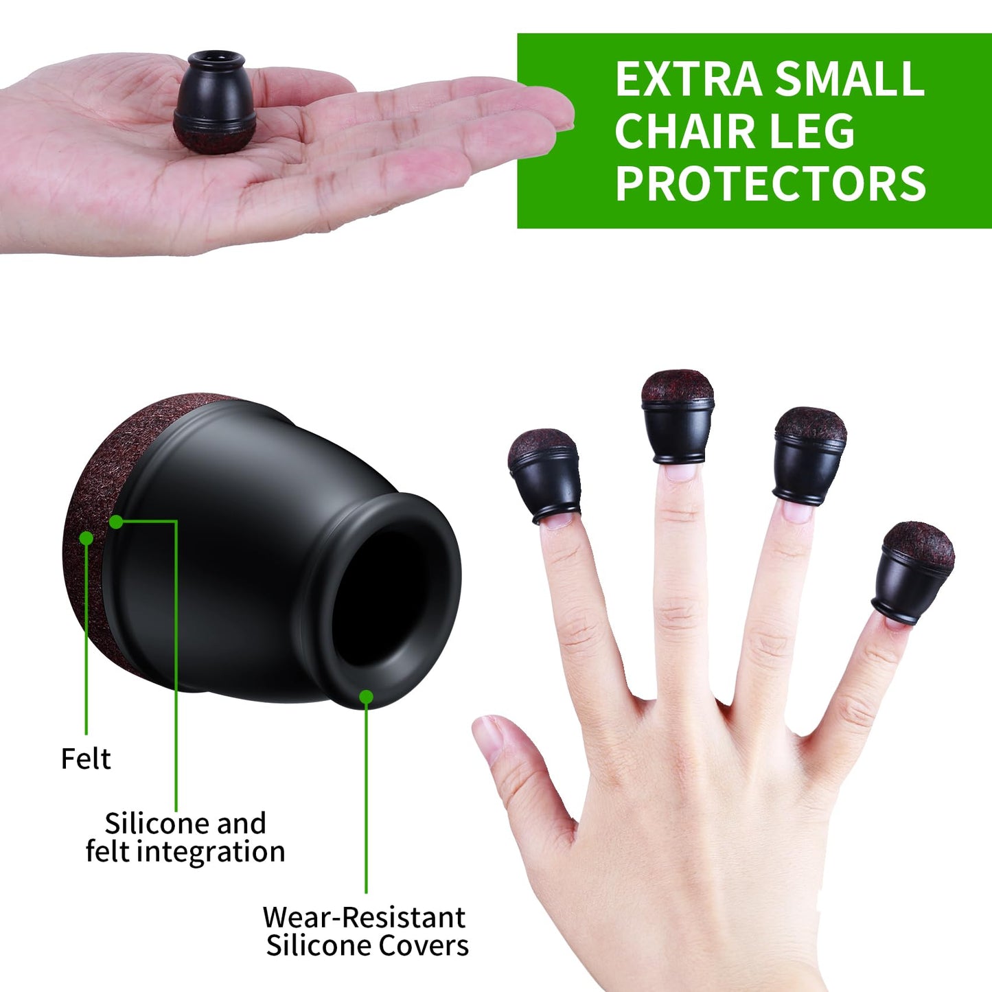 8 Pcs Extra Small Chair Leg Floor Protectors with Felt Pad - Furniture Pads for Hardwood Floors - Round Silicone Stool Cover Caps - Anti-Scratch and Reduce Noise(Black, Fit: 0.35"~0.55")