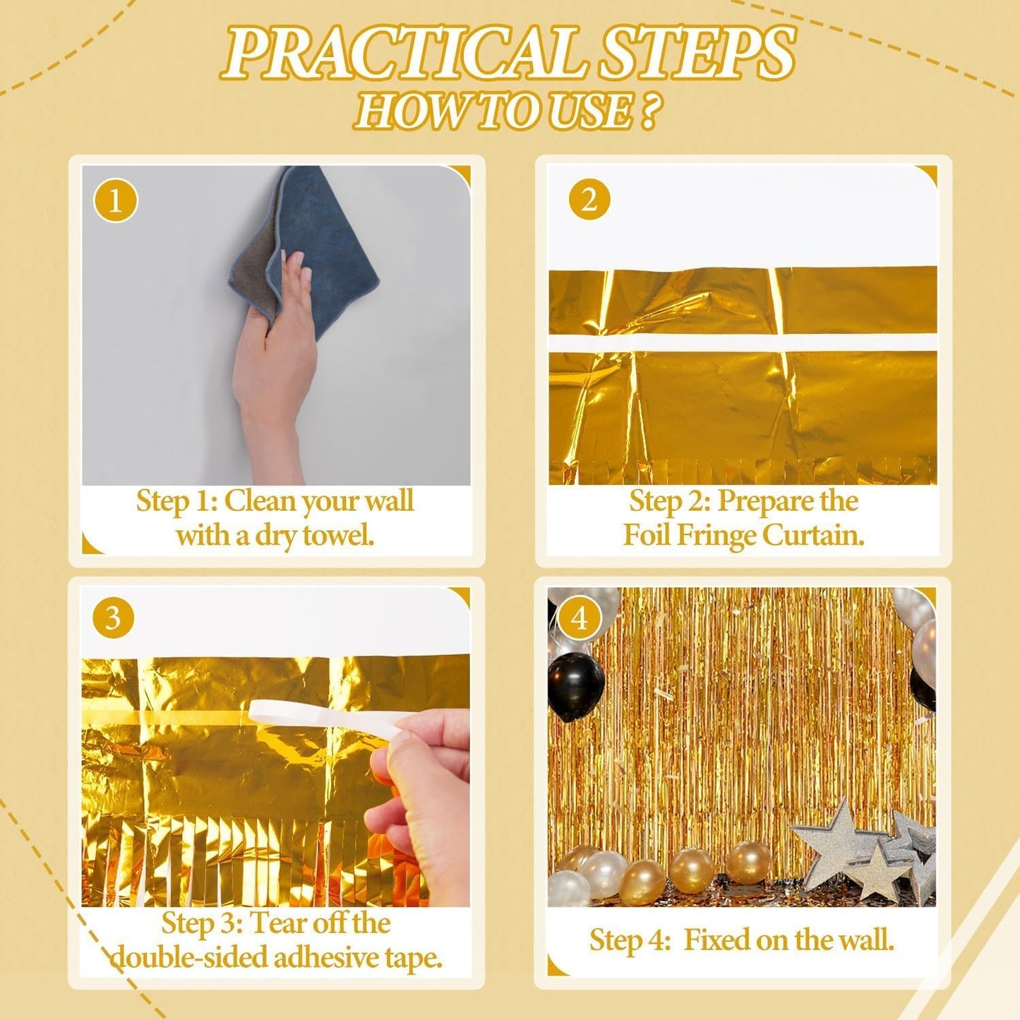 DECOCKRAT 3 Pack Foil Fringe Backdrop - Gold Shiny Tinsel Curtains for Party Decoration/Photo Booth Props - 3.3x8.2 FT Metallic Foil Backdrop for Birthday, Wedding, Graduation, Christmas.
