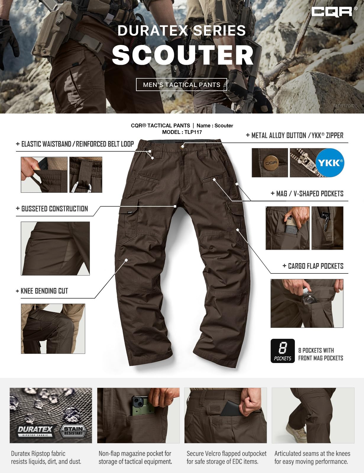 CQR Men's Tactical Pants, Water Resistant Ripstop Cargo Pants, Lightweight EDC Work Hiking Pants, Outdoor Apparel, Raider Dark Brown, 36W x 32L